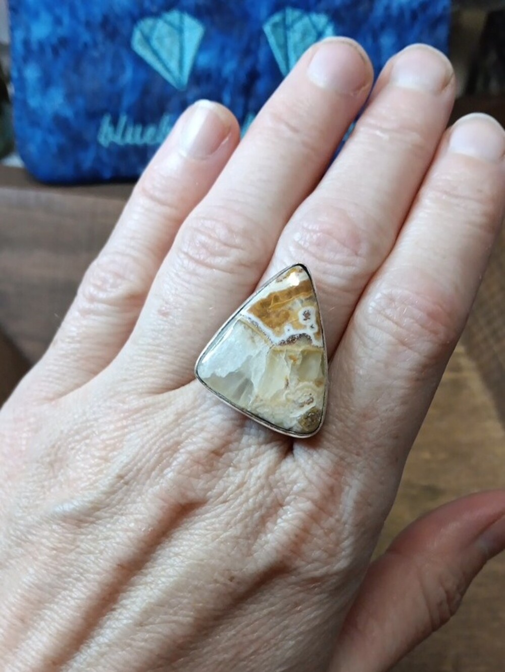 Natural Agate Triangle Statement Ring in Cream and Brown - Picture 3 of 5
